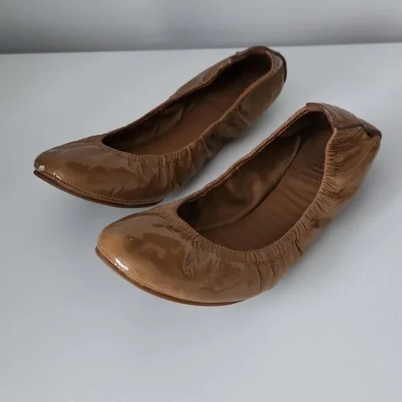 *SOLD* TORY BURCH | Eddie ballerina flats patent leather camel brown sz 6.5 M - Picture 3 of 5